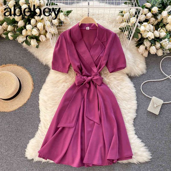 

women elegant solid dress french sweet puff sleeve v neck a-line summer chic midi 210512, Black;gray