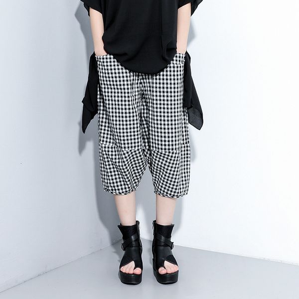 

pants trousers dark black 2021 summer wear elastic waist personalized check harem large street fashion brand capris 9510, Black;white