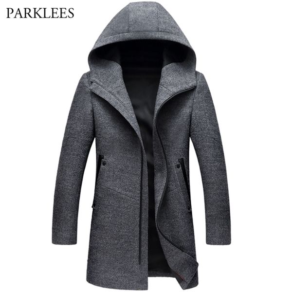 

men's wool coats jackets winter cashmere hooded jacket man brand mens fashion outerwear warm zipper overcoat woolen pea coat 3xl 211122, Black