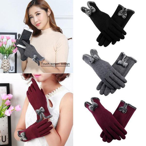 

five fingers gloves 1pair fashion lovely bowknot women touch screen winter warm outdoor full wrist gift, Blue;gray
