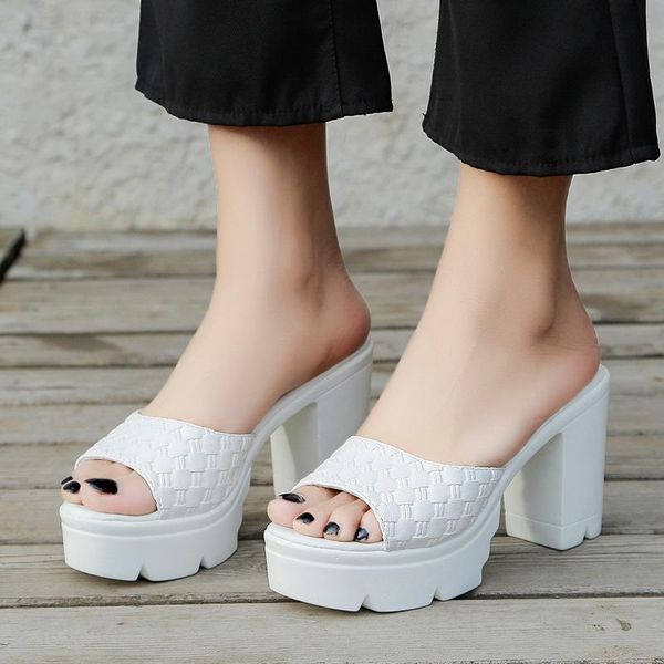 

slippers 2021 women summer fashion super square high heels peep toe party shoes woman platform sandals 5051, Black