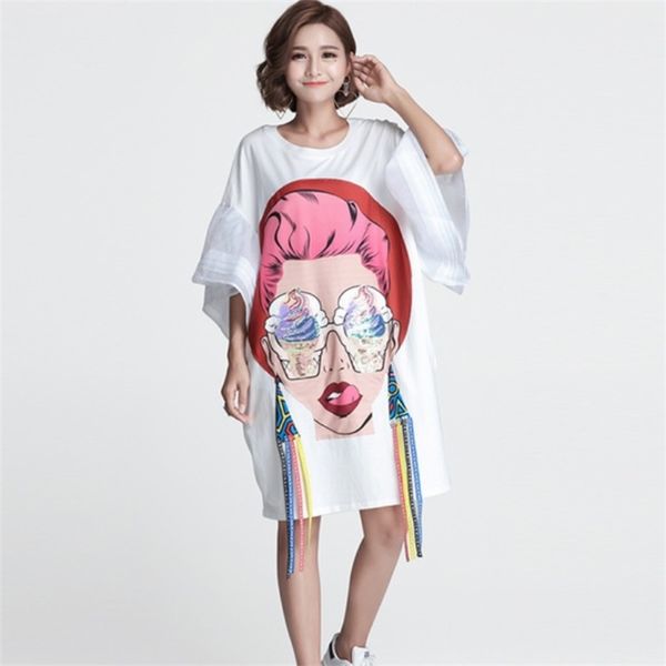 

summer women cartoon sequin dress girl print es loose casual tassel flare sleeve t shirt 210519, Black;gray