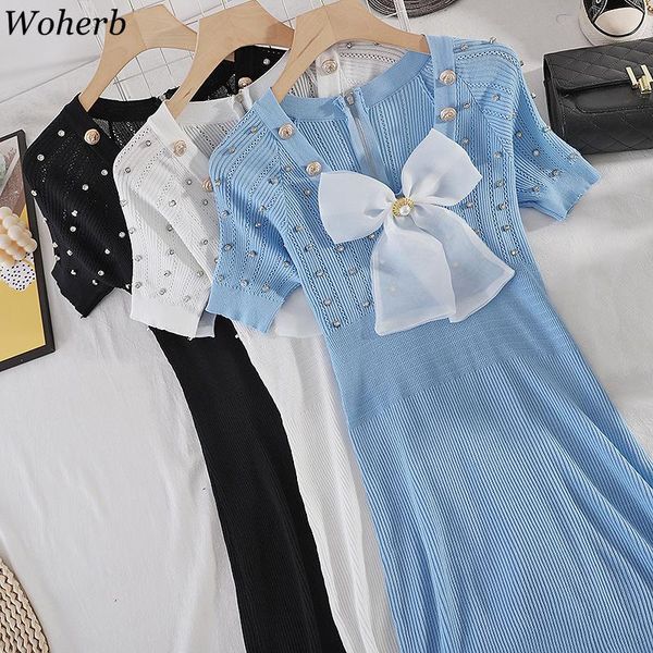 

casual dresses woherb sweet bow slim knit dress women 2021 summer korean chic beading elegant elastic vestidos waist thin temperament, Black;gray