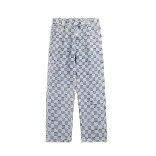 

fashion plaid baggy jeans men hip hop wide straight leg denim trousers male white blue lattice skateboard streetwear men's