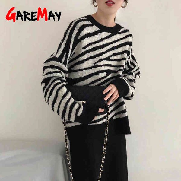 

autumn winter oversized sweater korean women loose pullovers striped batwing sleeve womens leopard print vintage 210428, White;black