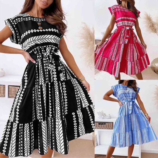 

summer irregularly print women dress short sleeve lace up striped slim body wrap hips long casual daily streetwear, Black;gray