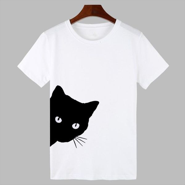 

cat looking out printed funny womens harajuku kawaii femme thin section tee hipster clothing, White