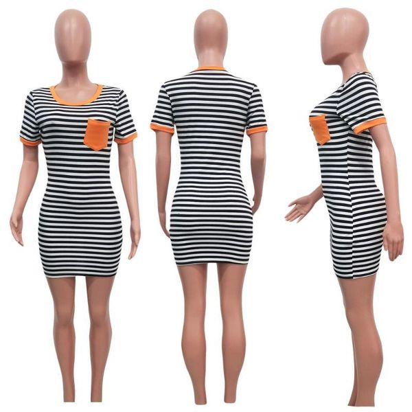 

casual dresses summer autumn round neck long short sleeved dress black and white striped elegant sheath slim dress1 th2j, Black;gray