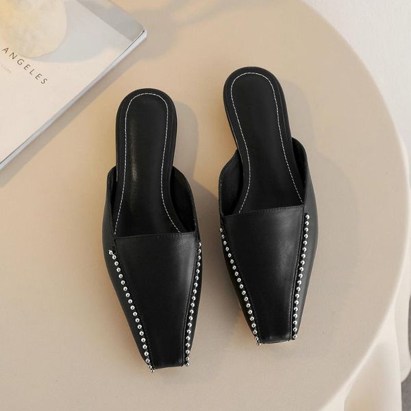 

slippers retro square toe mules shoes women genuine leather flat female white black spring size 33-41 lazy