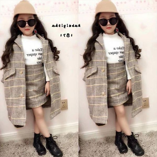 

girl fall outfits autumn winter children clothing set coat skirt baby girls tracksuit kids woollen clothes sets, White