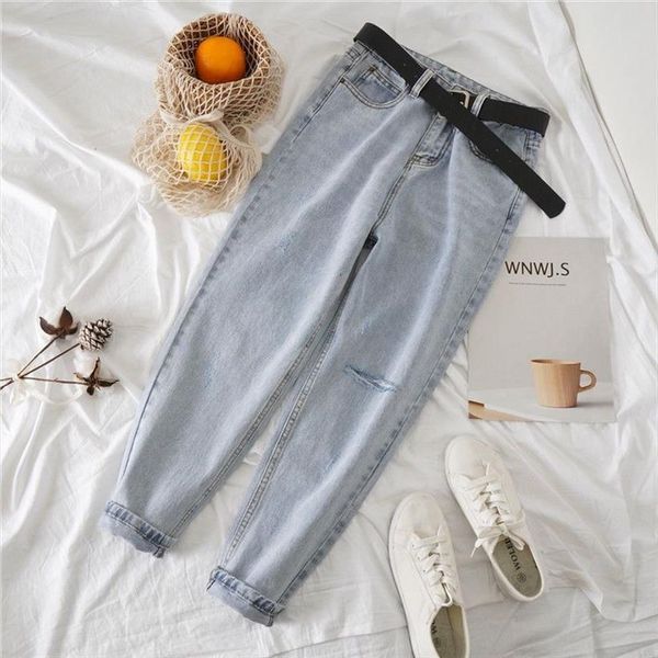

light blue ripped summer korean women jean flabby pants casual radish trousers denim harlem with belt