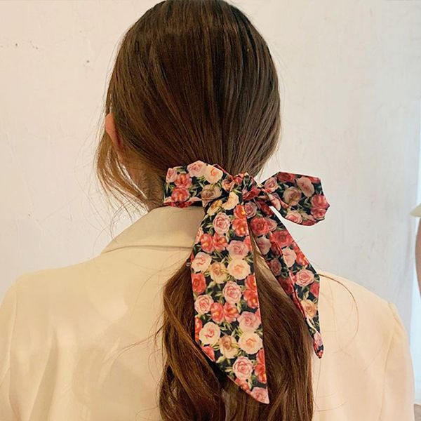 

women elegant print flower 39 inch long ribbon silk headband sweet turban bandanas hairbands fashion hair accessories