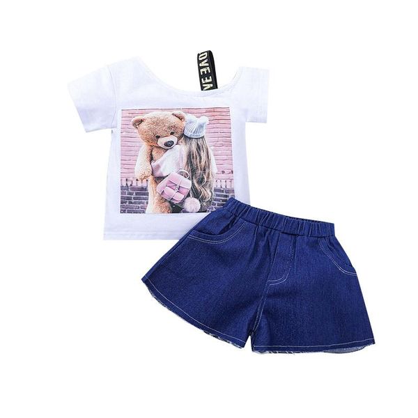 

clothing sets infant kids baby girl short-sleeved and shorts set fashion bear one-shoulder t-shirt denim 2pcs outfit 18m-6t, White