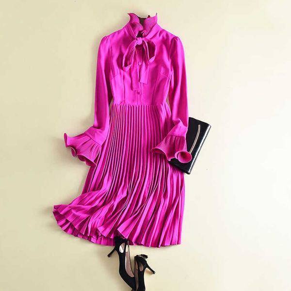 

est designer fashion runway dress women's flare sleeve bow collar midi pleated 210526, Black;gray