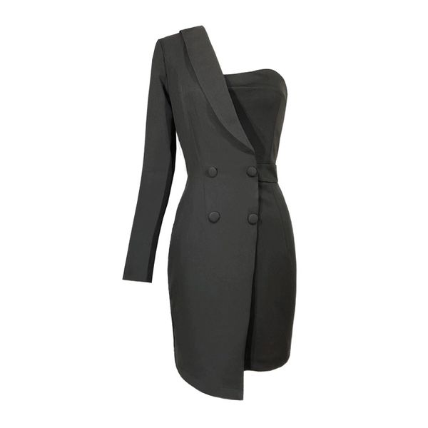 

summer women elegant black one-shoulder double breasted strapless asymmetrical sheath mini dress d3041 210514, Black;gray