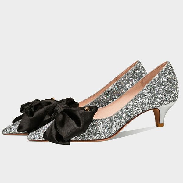 

mid heel sequin point toe women shoes ladies heels party low female wedding dress, Black