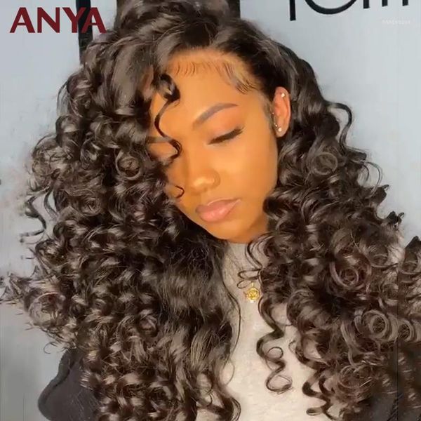 

anya bouncy curl lace front wig pre plucked human hair wigs transparent brizilian 180% remy for black women1, Black;brown