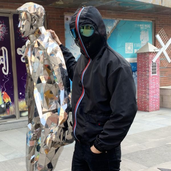 

man hooded glasses jackets fashion trend hip hop protect zipper pullover windbreaker coats designer male streetwear thin couples outerwear, Black;brown