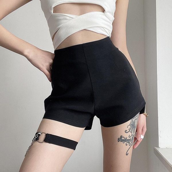 

women's shorts summer fashion streetwear slim solid color punk style asymmetrical chain high waist woman casual short pants lady, White;black