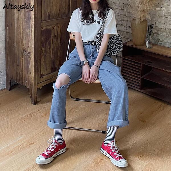 

plus size s-5xl jeans women high-waist washed hole denim trousers ripped oversize harajuku retro streetwear ulzzang chic bottoms women', Blue