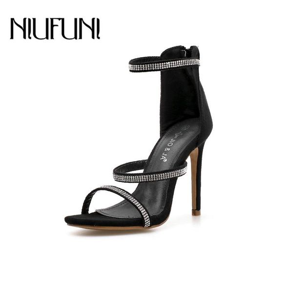 

fashion rhinestone roman sandals 2021 stiletto women's shoes summer ladies niufuni high heels suede women, Black