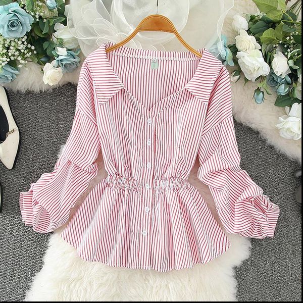 

fashion striped casual women shirts long sleeve elastic waist vintage design chic female, White