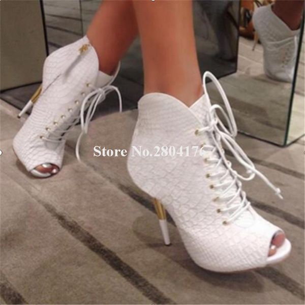 

boots brand design women peep toe snake leather stiletto heel short lace-up white black high ankle booties dress shoes