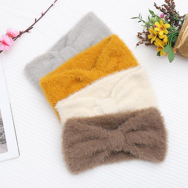 

solid color fluffy knot headbands autumn winter mink cashmere bow hairbands simple warm women's sweet headband hair accessories1