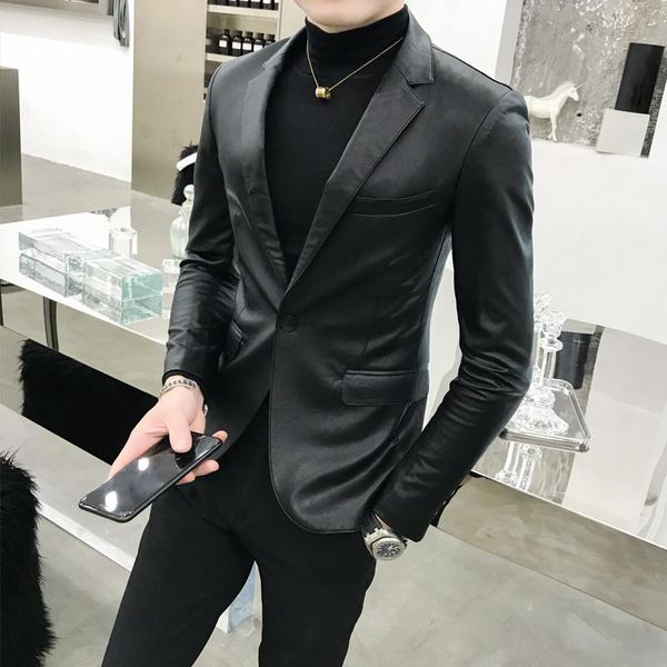 

single buckle pu leather pure black slim suit jacket fashion men's business casual dance party mens korean blazer fur & faux