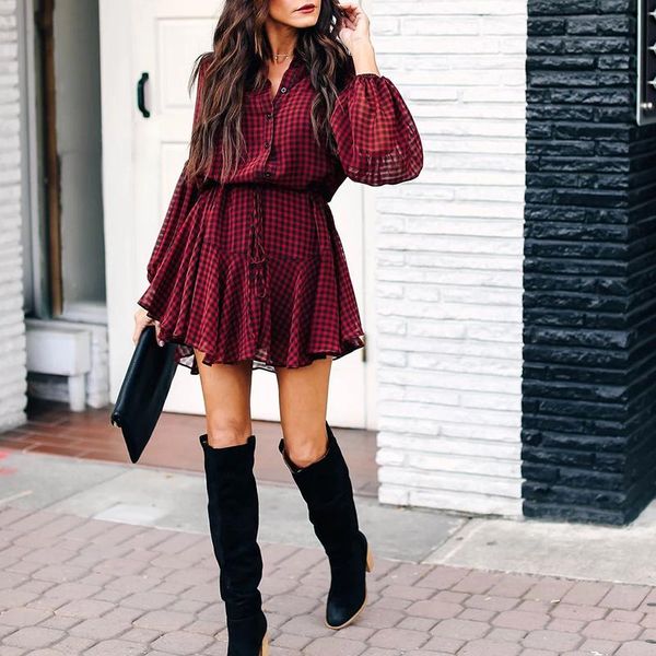 

casual dresses women ruffles elegant party vintage a-line mini beach 2021 holiday office plaid lantern sleeve shirt dress female, Black;gray