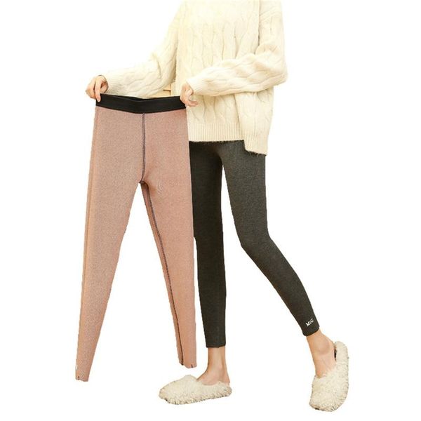 

women's leggings womens autumn winter ribbed knit striped solid color warm lining opaque elastic slim bottom skinny pants, Black