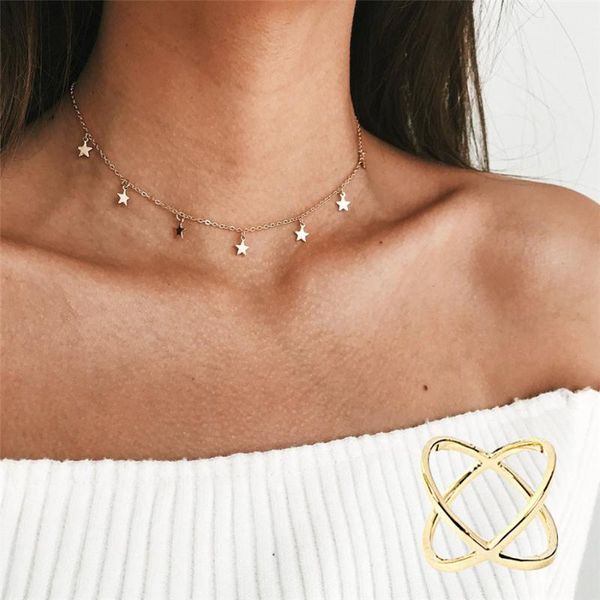 

ladies personality pentagram collar necklace pendant gold silver tassel star collier femme jewelry y40 chains