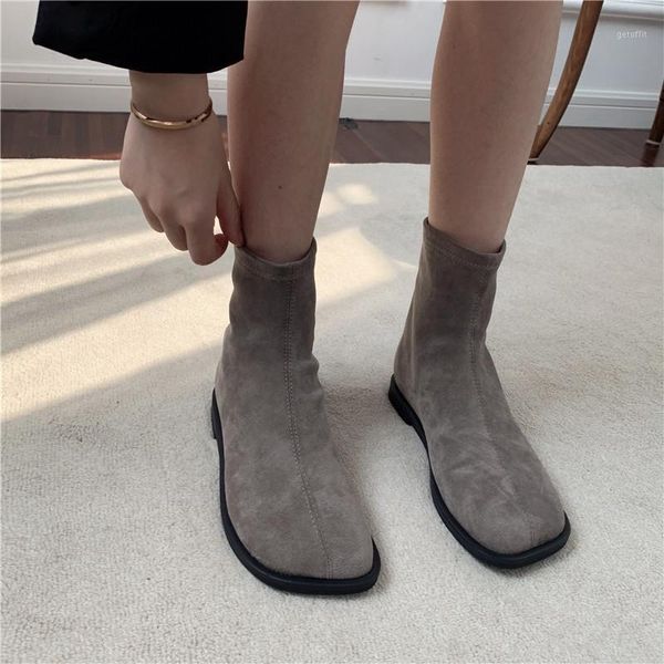 

boots women autumn shoes square toe zip flat heel fashion for black gray ladies casual size 35-391