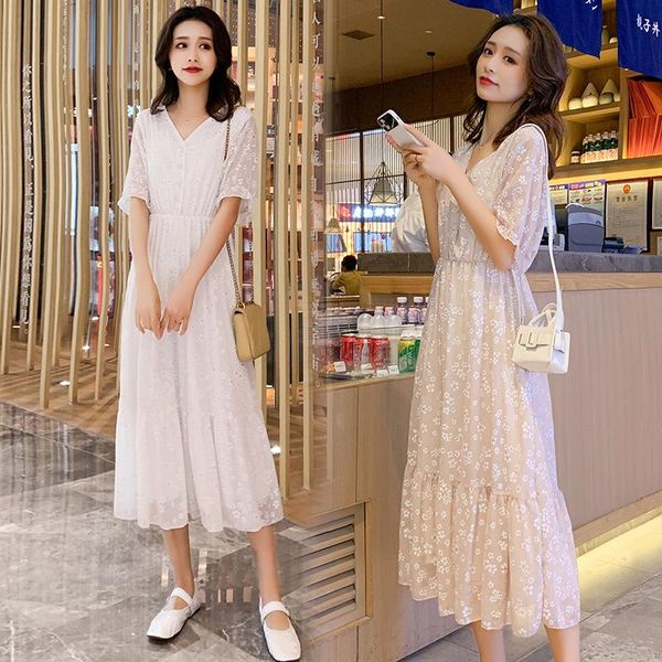 

64356# maternity clothes nursing dress loose stylish v neck pregnant women pregnancy breastfeeding dresses, White