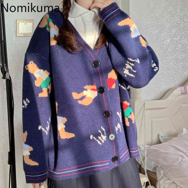

nomikuma japanese sweet cartoon women sweater cardigan autumn new long sleeve v-neck knitted coat causal knitwear 6c495 210427, White;black
