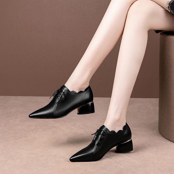 

dress shoes black pointed small lace-up deep mouth single spring autumn british style thick heel leather toe basic1