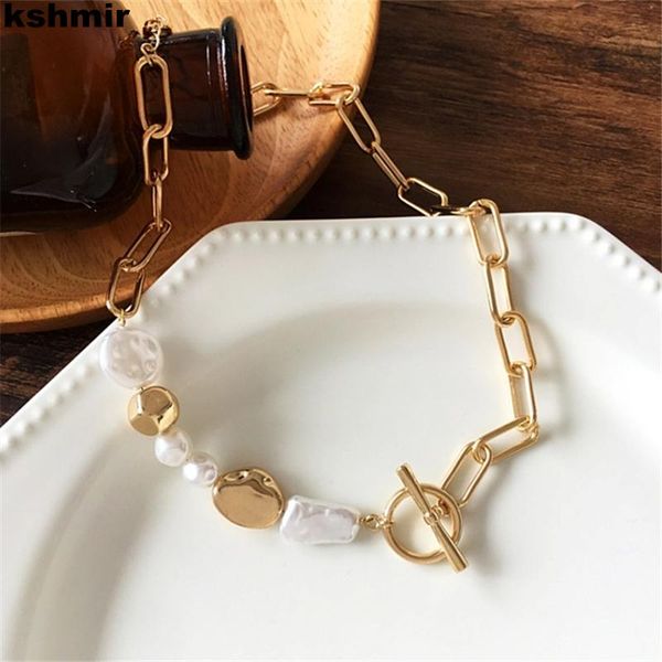 

pendant necklaces kshmir asymmetrical chain choker fashion same ot buckle korean necklace irregular pearl girls party gift 2021, Silver