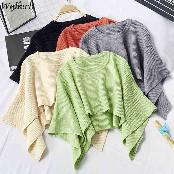 

autumn knitted sweater women ladies fashion poncho cloak loose shawl casual solid cropped cape sueter mujer 210422, White;black