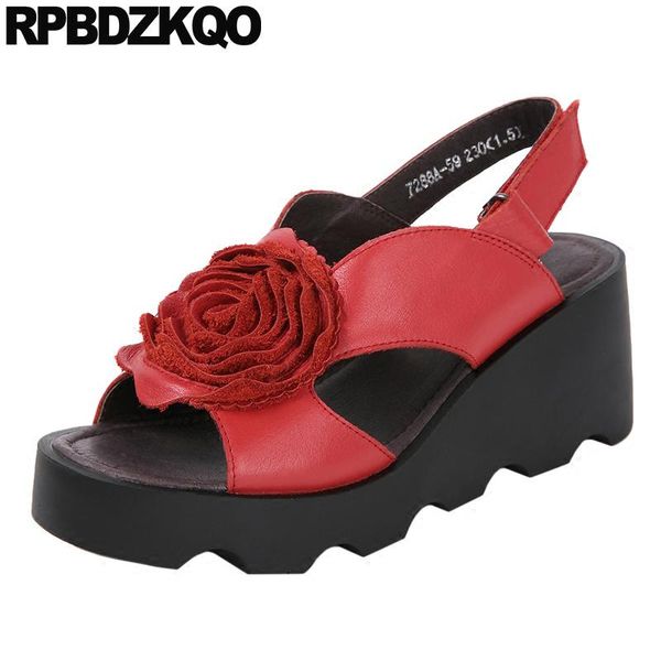 

embellished genuine leather ethnic women wedge platform sandals pumps 2021 harajuku summer peep toe shoes slingback red flower dress, Black