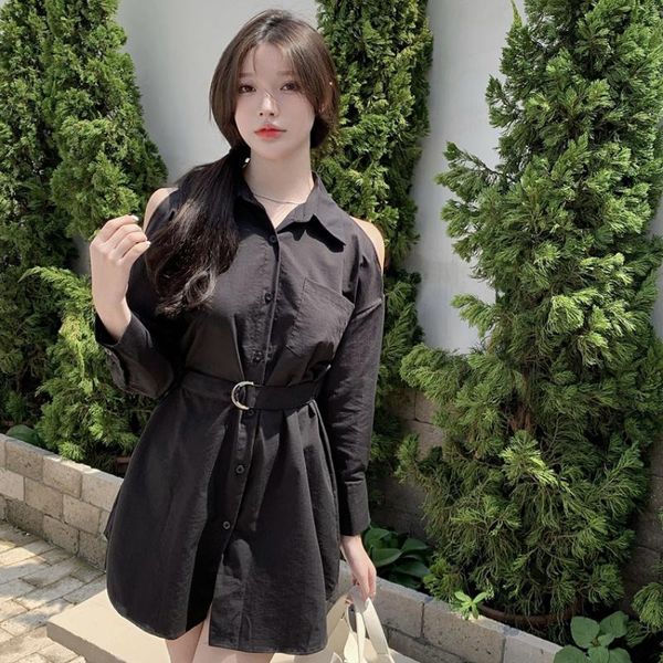 

casual dresses 2021 autumn women's clothing neck off shoulder long sleeve shirts korean style solid color high waist dress, Black;gray
