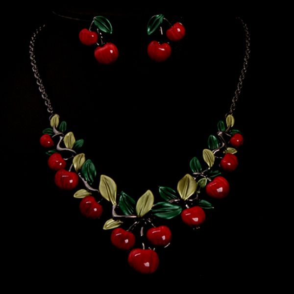 

creative fruit necklace earrings cherry necklace earrings set, Silver