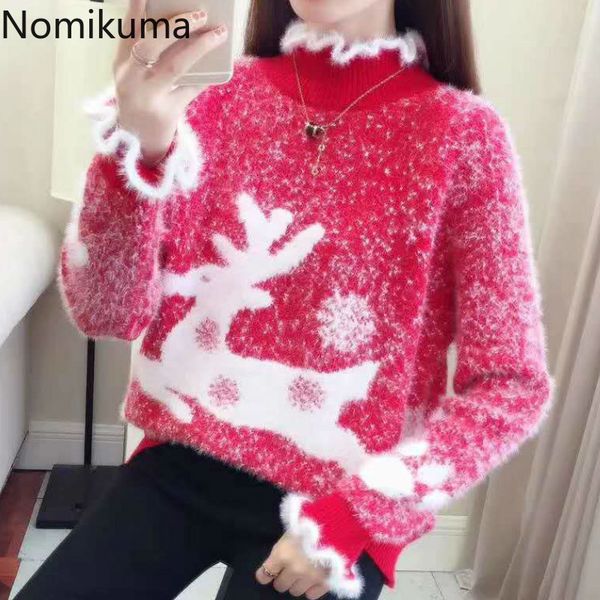 

nomikuma christmas sweater women half turtleneck long sleeve pullovers autumn contrast color jumpers sueter mujer 3d730 210514, White;black
