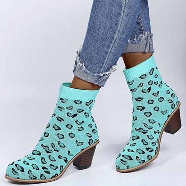 

boots female sock short mid heels women pumps square heel fashion leopard plus size woman casual shoes slip on knitting 2021, Black