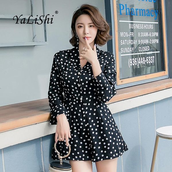 

women's jumpsuits & rompers plus size 2021 autumn women black dot long sleeve turn-down collar casual party playsuits elegant office la, Black;white