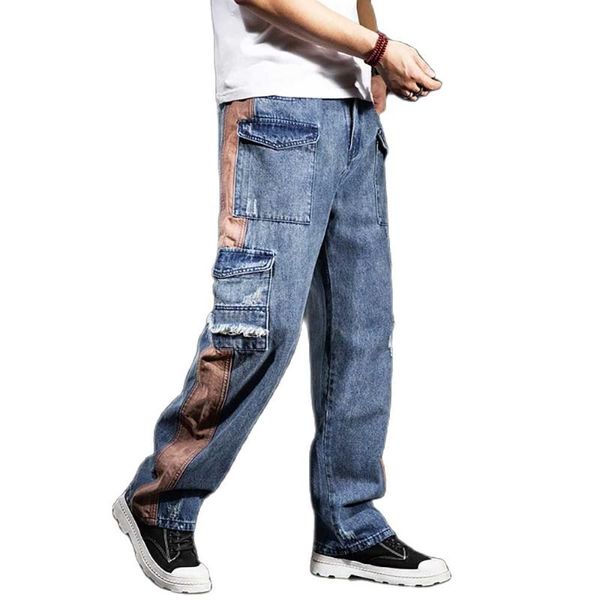 

men's jeans fashion pockets straight denim men casual loose baggy cargo pants distressed side stripe trousers streetwear hiphop clothin, Blue