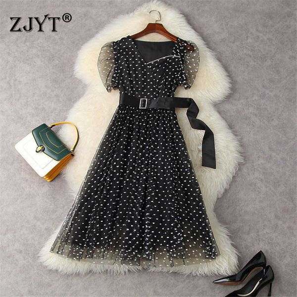 

elegant women's summer clothing fashion runway short sleeve beading aline midi mesh dresses for party black vestidos 210601, Black;gray