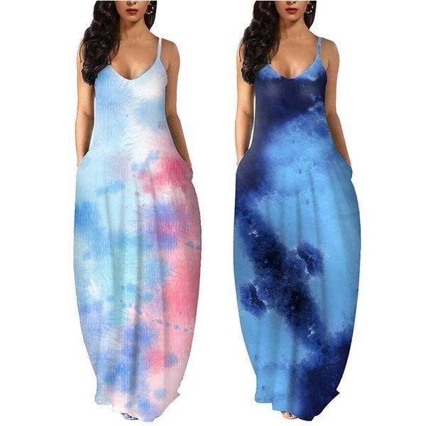 

casual dresses 40# bohemian women pockets plus size tie-dye v-neck sleeveless vest long strap dress party 2l89, Black;gray