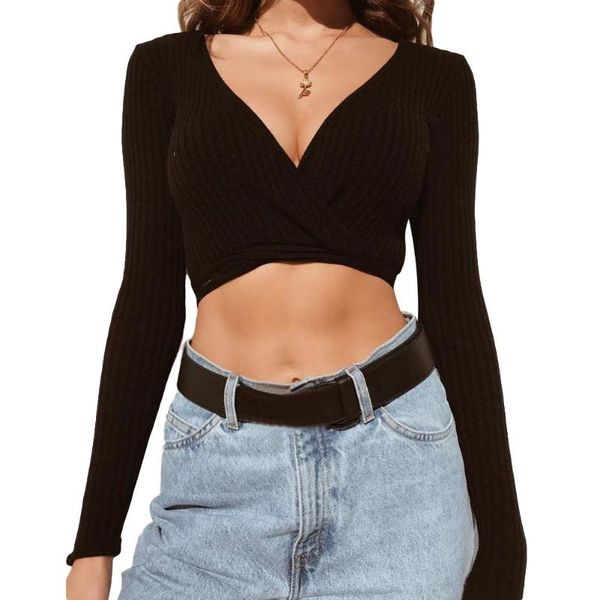 

women's t-shirt women solid color deep v-neck bandage long sleeve slim fit crop top, White