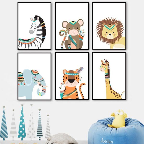 

paintings bohemian style elephant giraffe zebra lion tiger wall art print canvas painting child nordic poster decor picture baby kids room