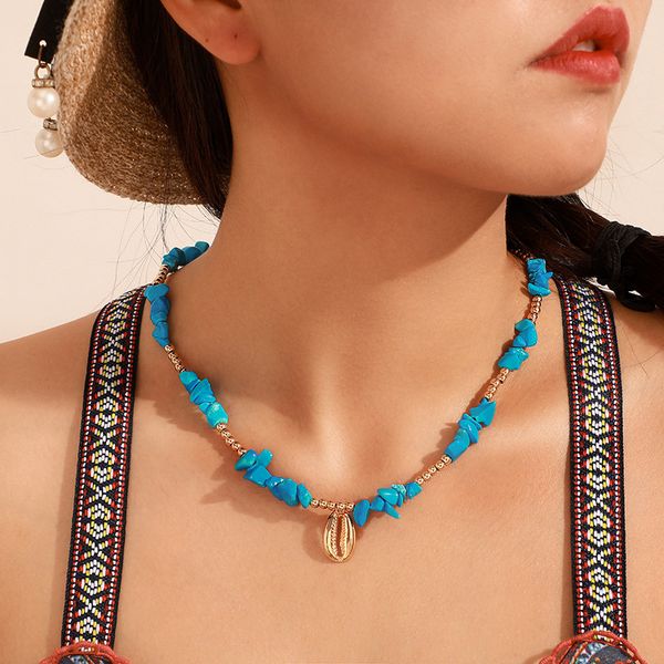 Мода Богемский натуральный синий гравийное каменное ожерелье для женщин Подвески Пляж Морская Золотая оболочка Подвесная цепь Chockers Пара подарки цепи